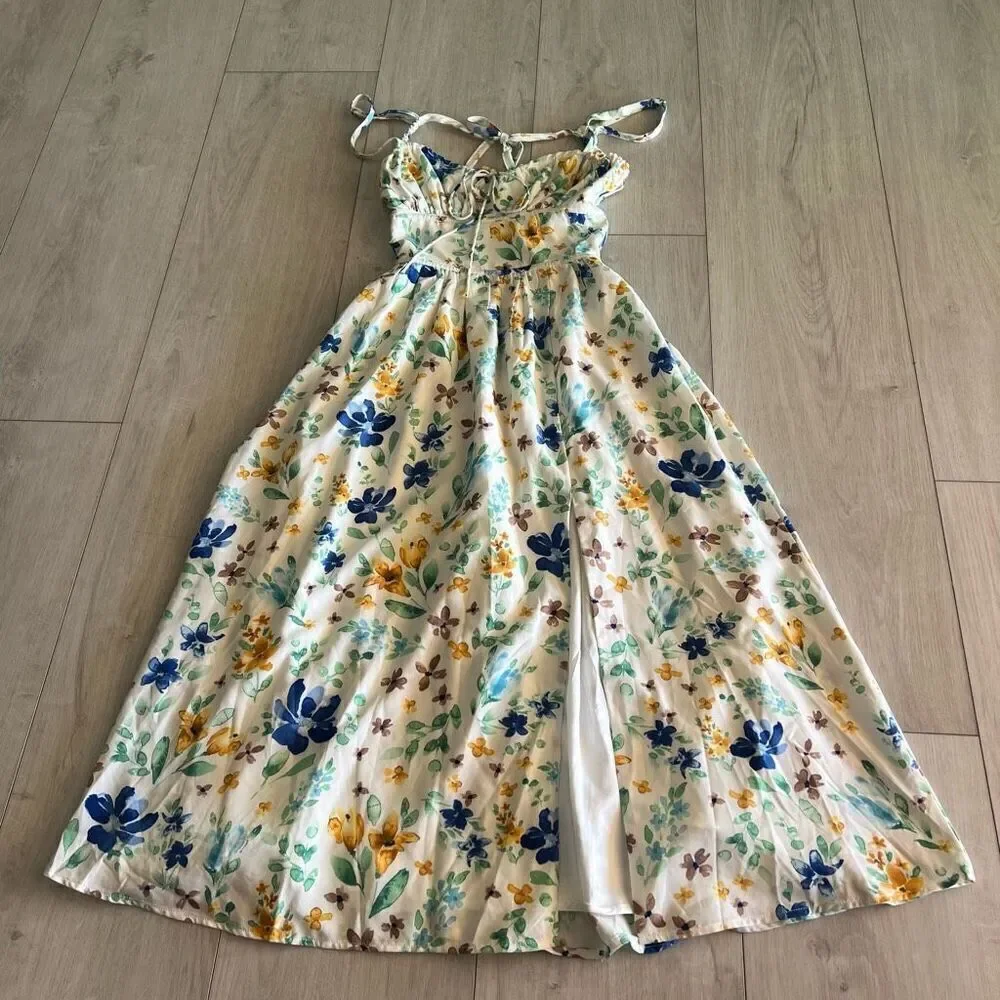 Lulus Happy Summer White Floral Print Double Tie-Back Midi Dress size xs